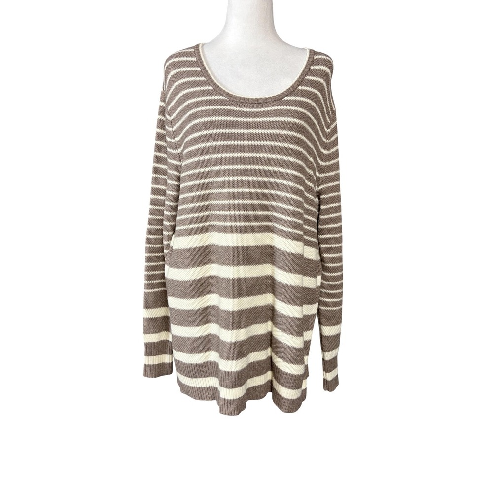 Athleta Sweater Womens M Brown Striped Merino Wool Blend Scoop Neck Pullover